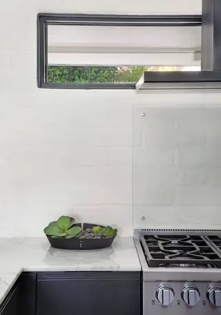 A modern kitchen setup features a stainless steel gas range with a glass splashguard next to a planter bowl of succulents on a marble counter.