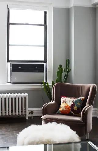 A cozy reading nook features a taupe velvet armchair paired with a floral accent pillow, a white faux-fur ottoman, and a tall cactus beside a window with a radiator below.