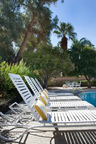 Pebble Beach Drive, Palm Springs: A row of white slatted outdoor lounge chairs with yellow-and-white striped pillows sits along a patio beside a swimming pool surrounded by lush